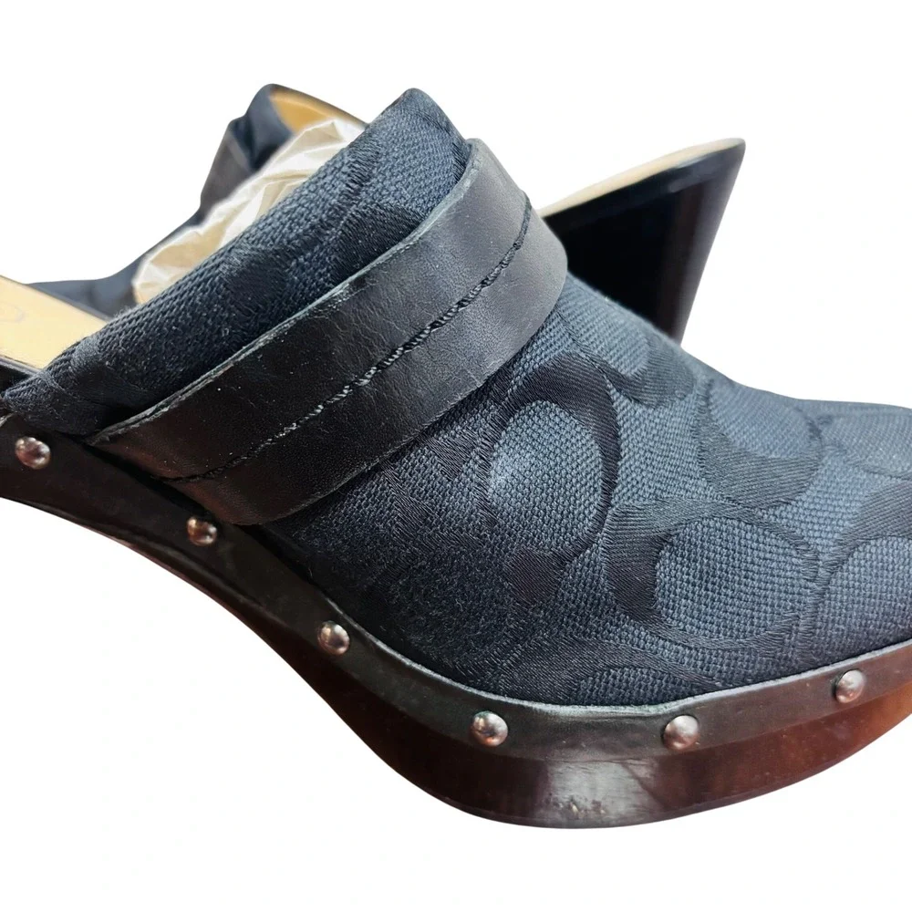 Coach Ivy Black Signature Jacquard Studded Wooden Platform Clogs Mules F2370 8B